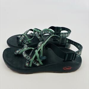 Chaco Women's Size 8 W Blk/Grn, Tan Buckle Strappy Hiking Outdoors Sport Sandals